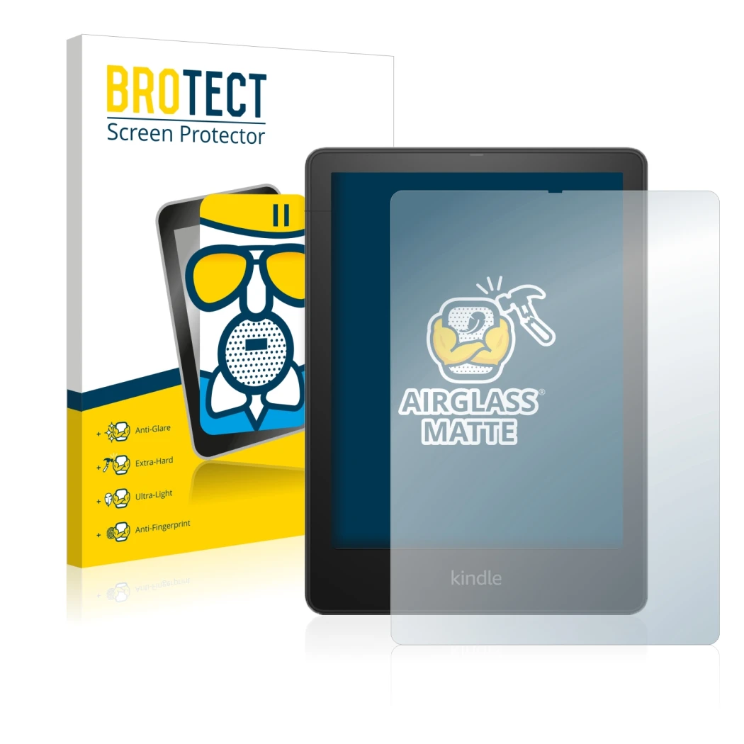 Front side of a product packaging with the brand logo BROTECT. Next to it is the device Amazon Kindle Paperwhite 2021 Signatur