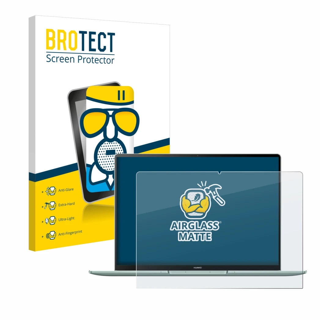 Front side of a product packaging with the brand logo BROTECT. Next to it is the device Huawei MateBook 14s shown with the cor