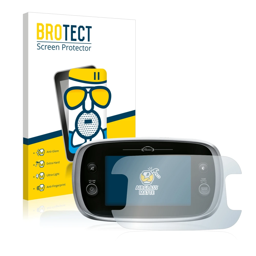 Front side of a product packaging with the brand logo BROTECT. Next to it is the device Fiat 500X Uconnect 7