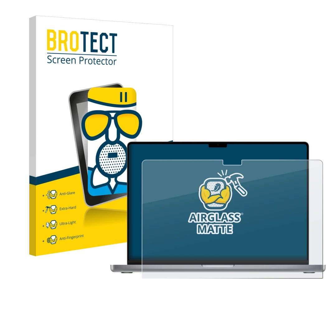 Front side of a product packaging with the brand logo BROTECT. Next to it is the device Apple MacBook Pro 16