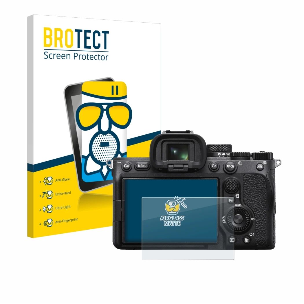 Front side of a product packaging with the brand logo BROTECT. Next to it is the device Sony Alpha 7 IV shown with the corresp