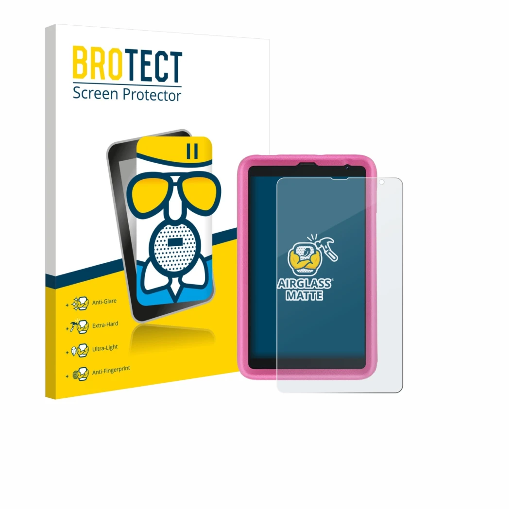 Front side of a product packaging with the brand logo BROTECT. Next to it is the device Blackview Tab 6 Kids shown with the co