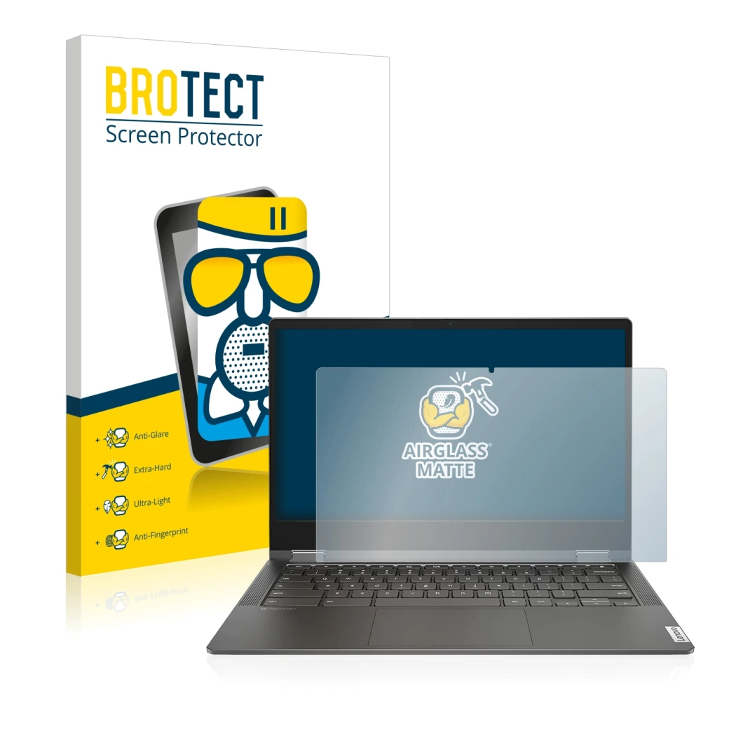 Front side of a product packaging with the brand logo BROTECT. Next to it is the device Lenovo IdeaPad Flex 5i 13.3