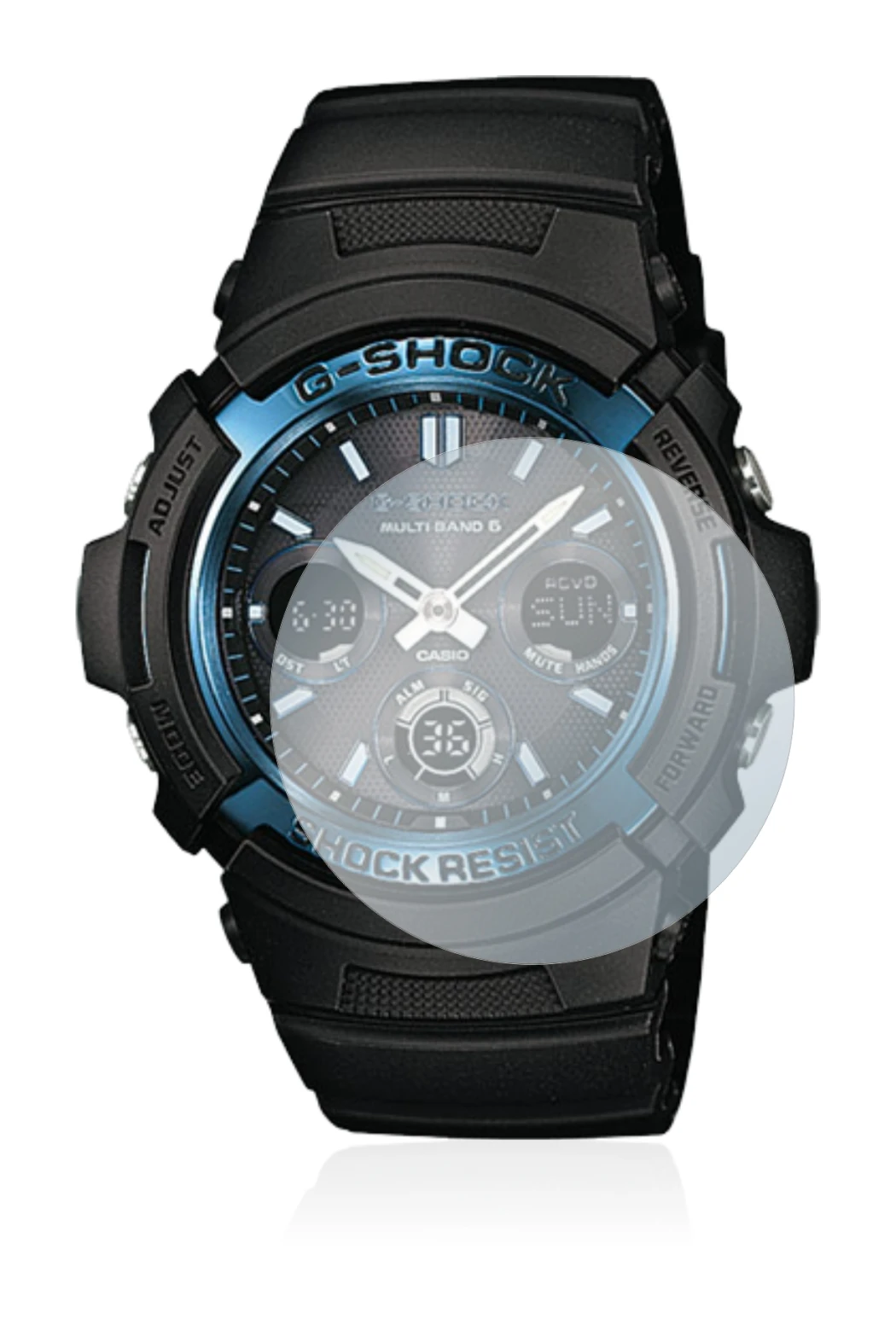 Image of the device Casio AWG M100 with a wide variety of screen protectors.