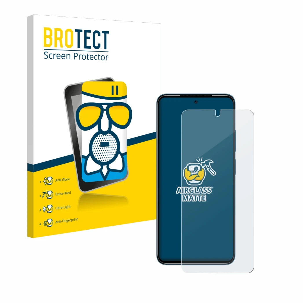 Front side of a product packaging with the brand logo BROTECT. Next to it is the device Xiaomi Redmi Note 11 shown with the co