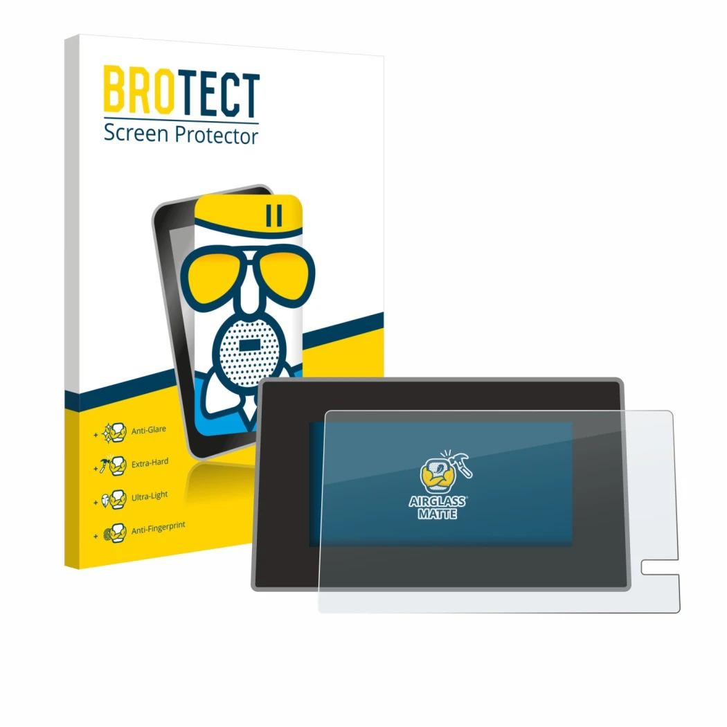 Front side of a product packaging with the brand logo BROTECT. Next to it is the device Renault Trafic 2021 Easy Link 8