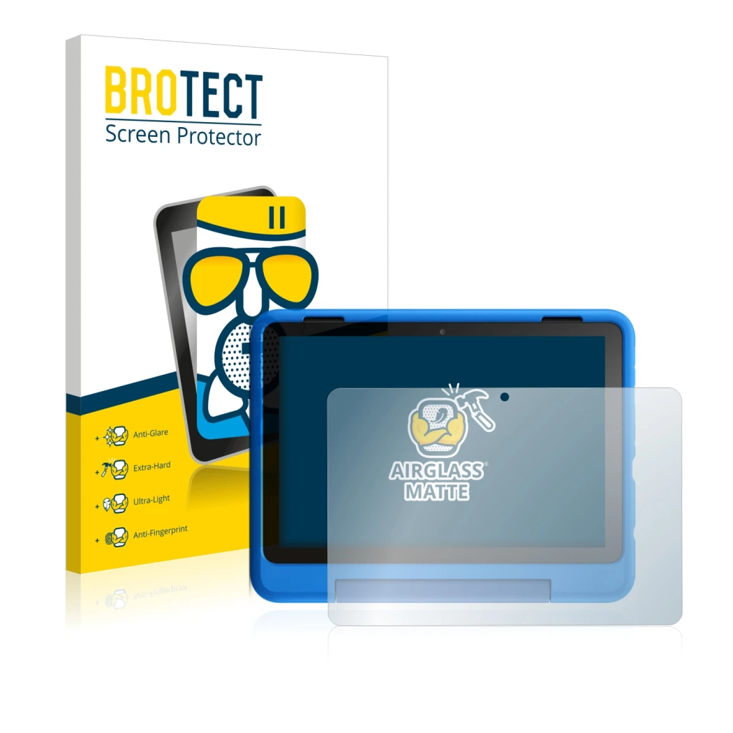 Front side of a product packaging with the brand logo BROTECT. Next to it is the device Amazon Fire HD 8 Kids Pro Edition 2021