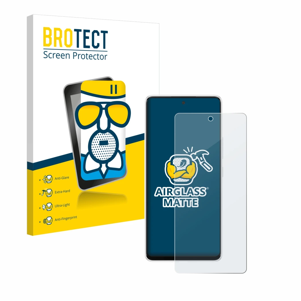 Front side of a product packaging with the brand logo BROTECT. Next to it is the device Samsung Galaxy A53 5G shown with the c