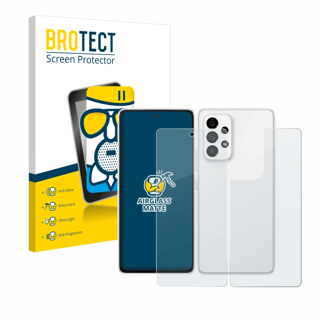 Front side of a product packaging with the brand logo BROTECT. Next to it is the device Samsung Galaxy A53 5G (Front+Back) sho