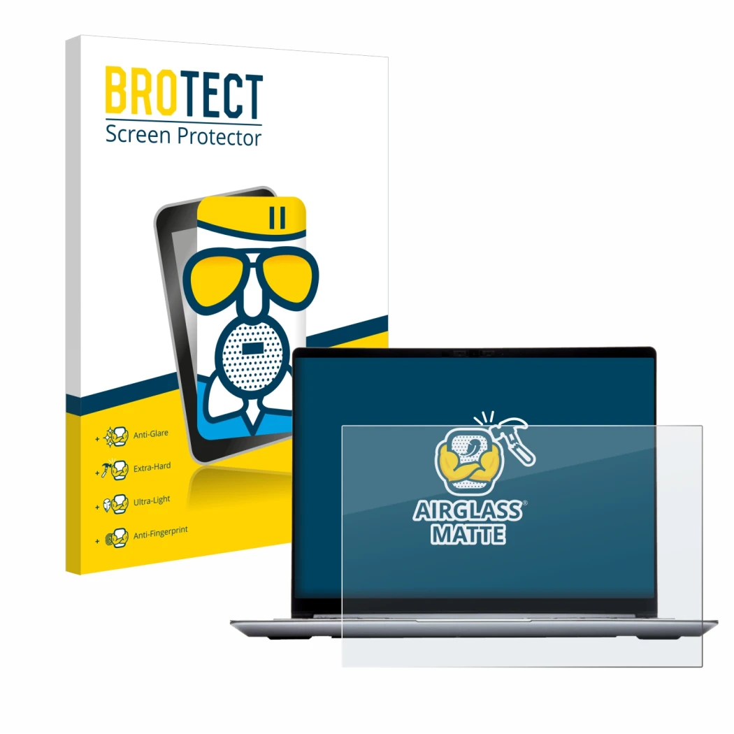 Front side of a product packaging with the brand logo BROTECT. Next to it is the device Framework Laptop 13 shown with the cor