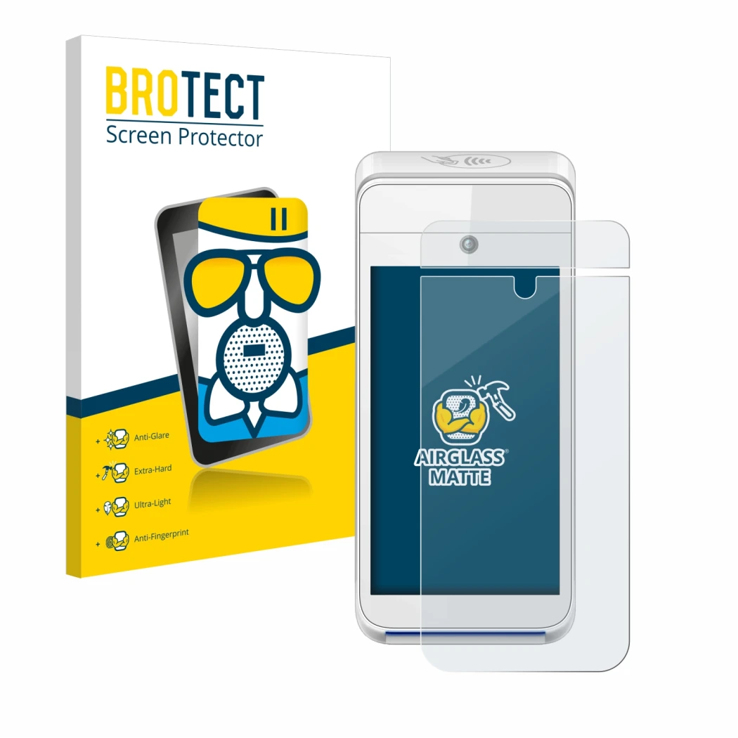 Front side of a product packaging with the brand logo BROTECT. Next to it is the device Pax A920 shown with the corresponding