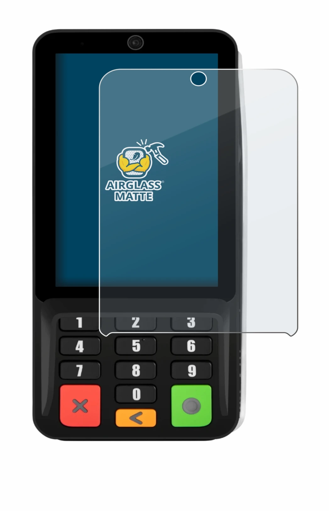 Image of the device Pax A35 with a wide variety of screen protectors.