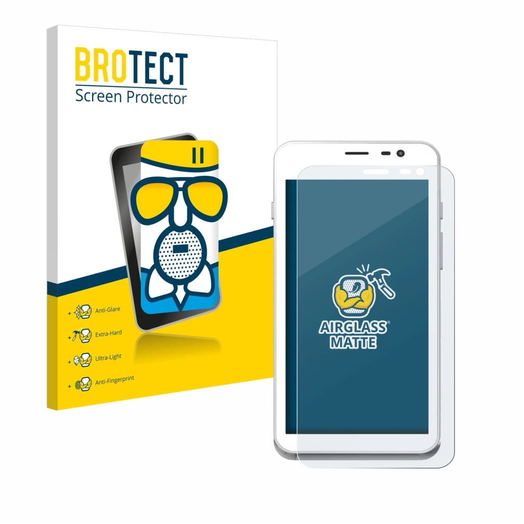 Front side of a product packaging with the brand logo BROTECT. Next to it is the device Pax A77 shown with the corresponding s