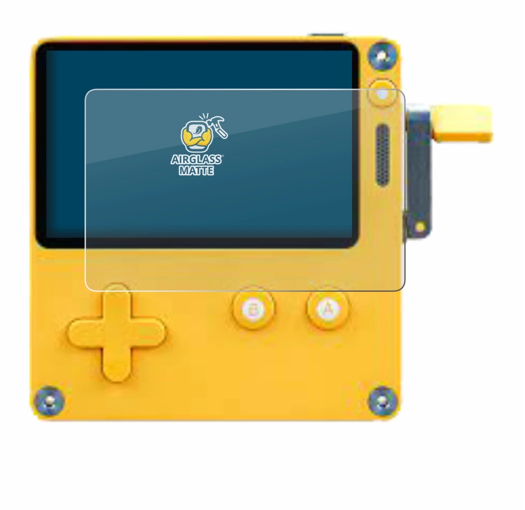 Image of the device Panic Playdate with a wide variety of screen protectors.