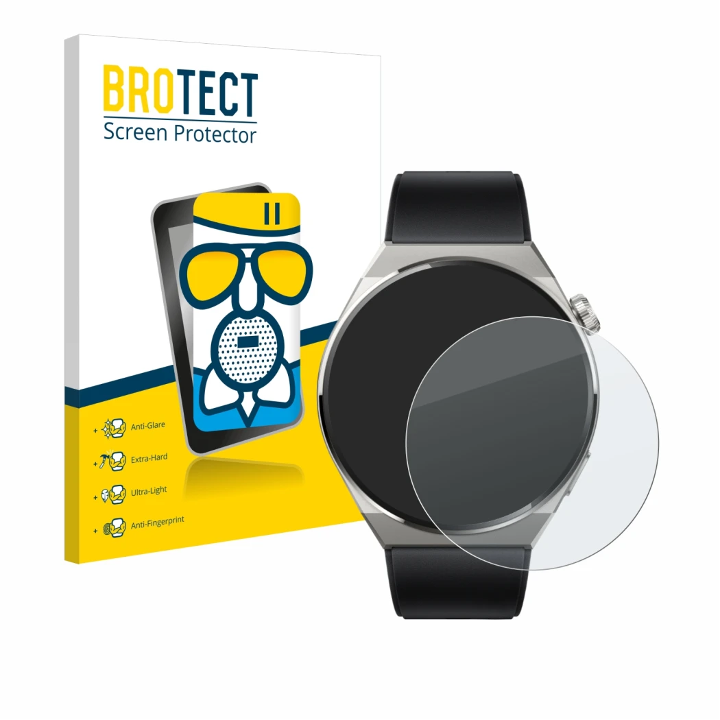 Front side of a product packaging with the brand logo BROTECT. Next to it is the device Huawei Watch GT 3 Pro Titanium (46mm)