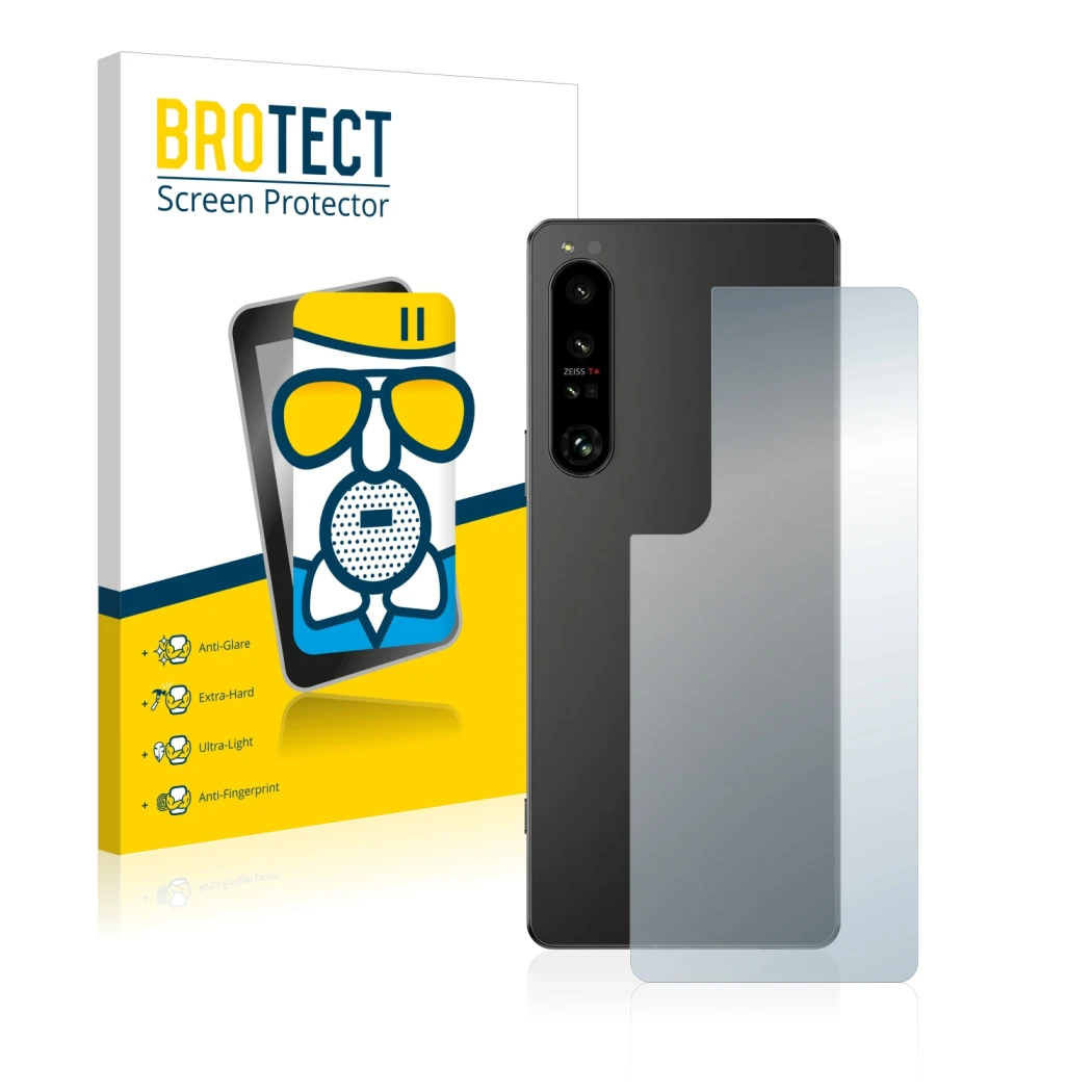 Front side of a product packaging with the brand logo BROTECT. Next to it is the device Sony Xperia 1 IV (Back) shown with the