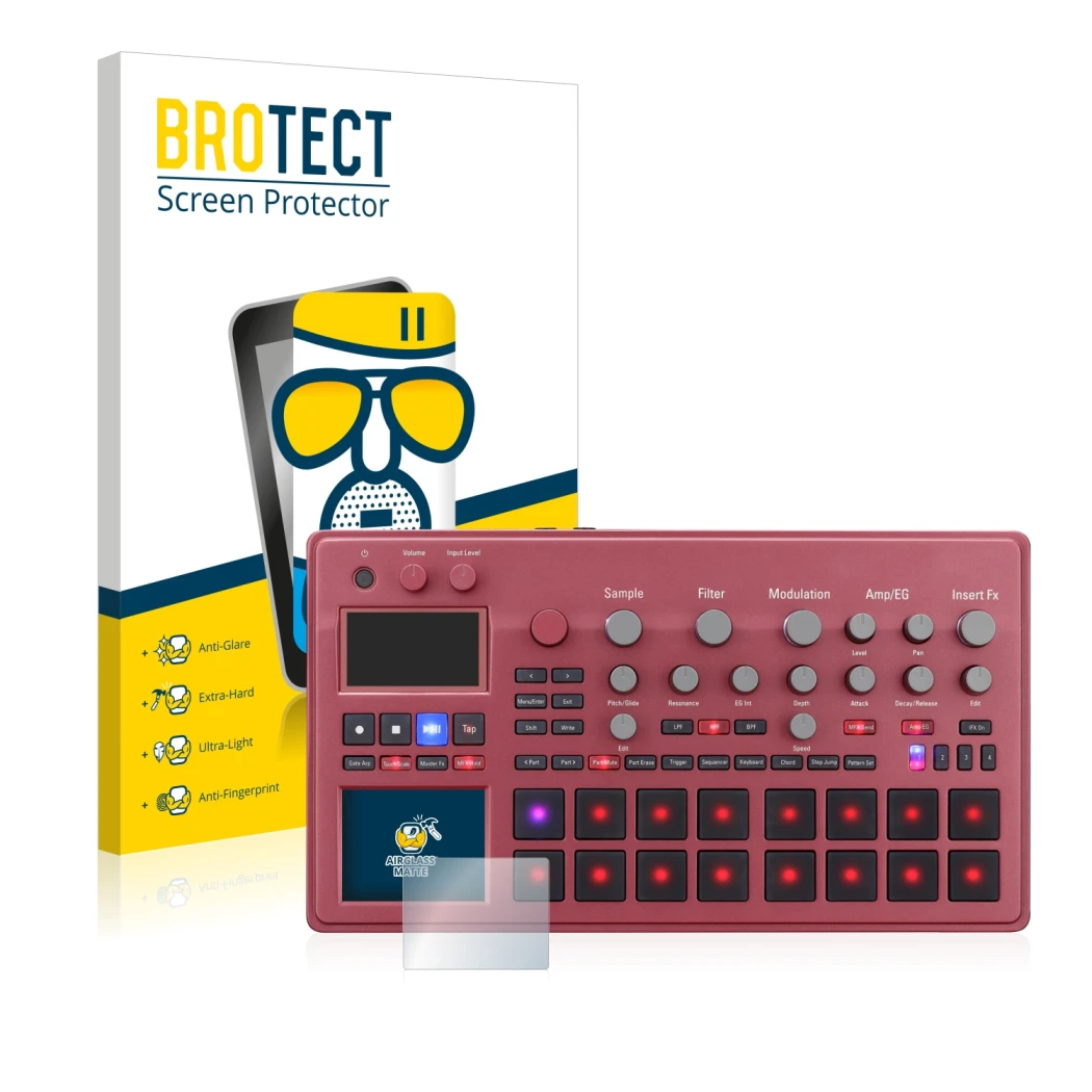 Front side of a product packaging with the brand logo BROTECT. Next to it is the device KORG electribe Sampler shown with the 