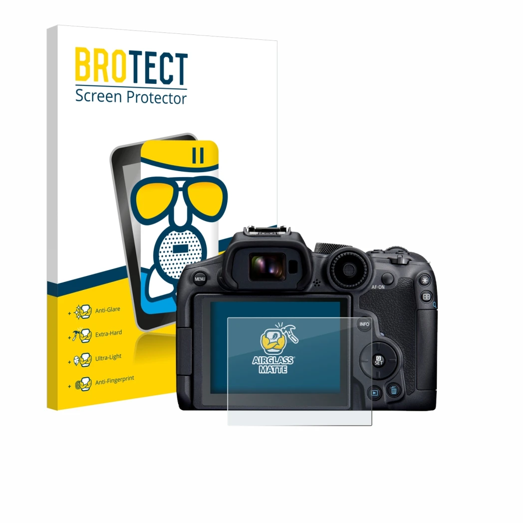 Front side of a product packaging with the brand logo BROTECT. Next to it is the device Canon EOS R7 shown with the correspond