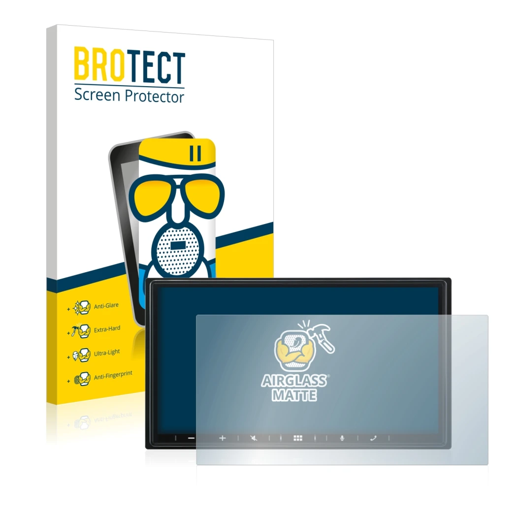 Front side of a product packaging with the brand logo BROTECT. Next to it is the device Alpine iLX-W690D shown with the corres