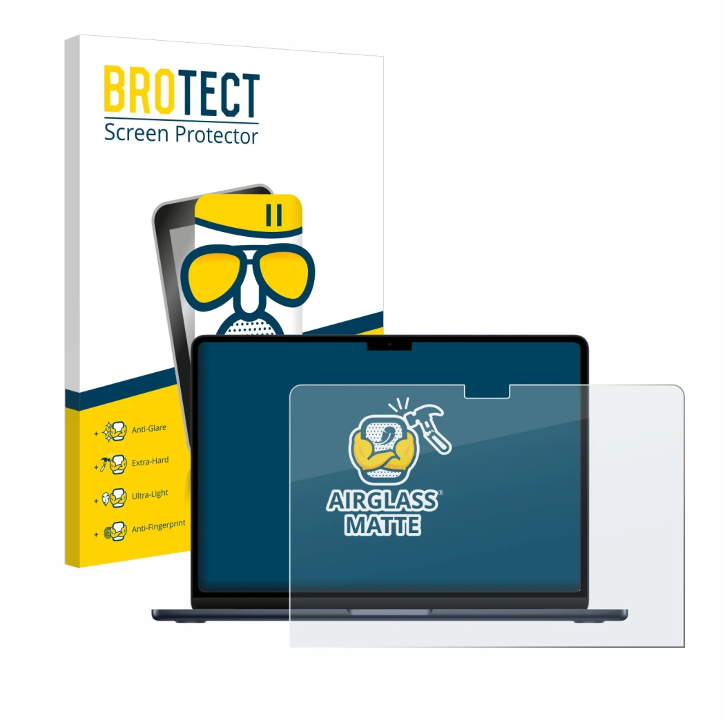 Front side of a product packaging with the brand logo BROTECT. Next to it is the device Apple MacBook Air 13