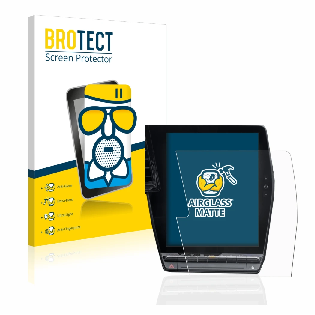 Front side of a product packaging with the brand logo BROTECT. Next to it is the device Renault Megane E-Tech openR Link 12