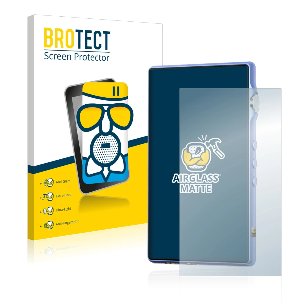 Front side of a product packaging with the brand logo BROTECT. Next to it is the device iBasso DX170 shown with the correspond