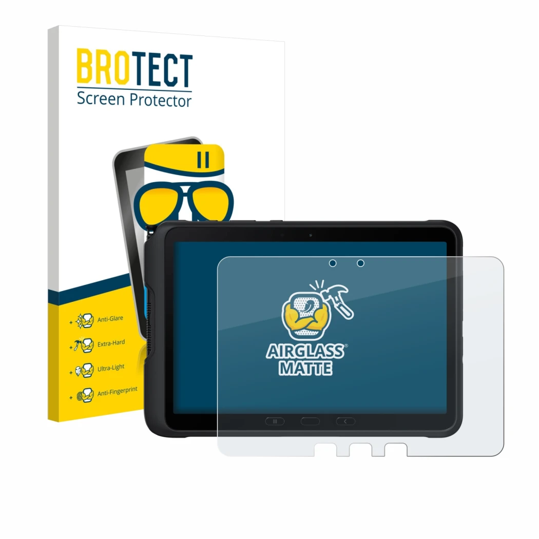 Front side of a product packaging with the brand logo BROTECT. Next to it is the device Samsung Galaxy Tab Active 4 Pro shown 