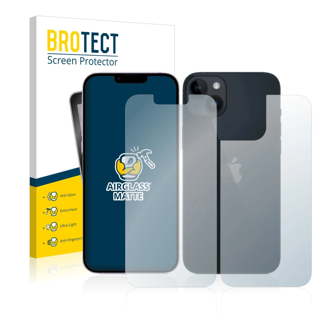 Front side of a product packaging with the brand logo BROTECT. Next to it is the device Apple iPhone 14 (Front+Back) shown wit