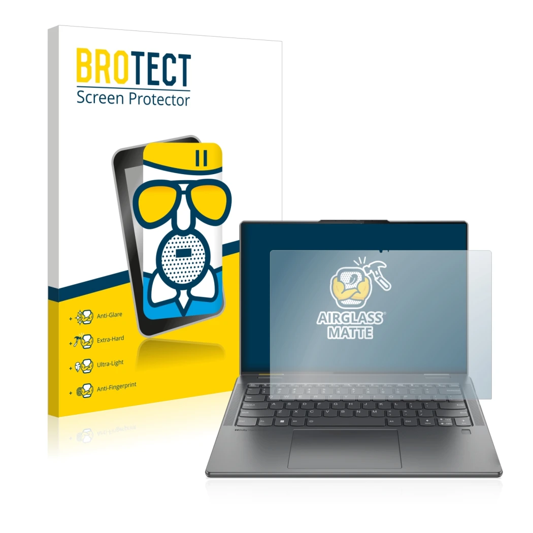 Front side of a product packaging with the brand logo BROTECT. Next to it is the device Lenovo Yoga 7i 14