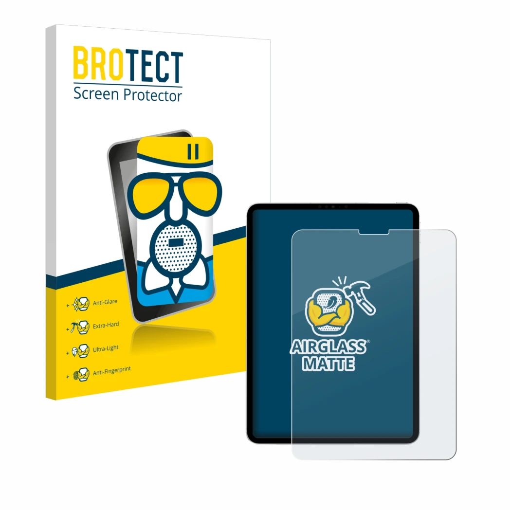 Front side of a product packaging with the brand logo BROTECT. Next to it is the device Apple iPad Pro 11