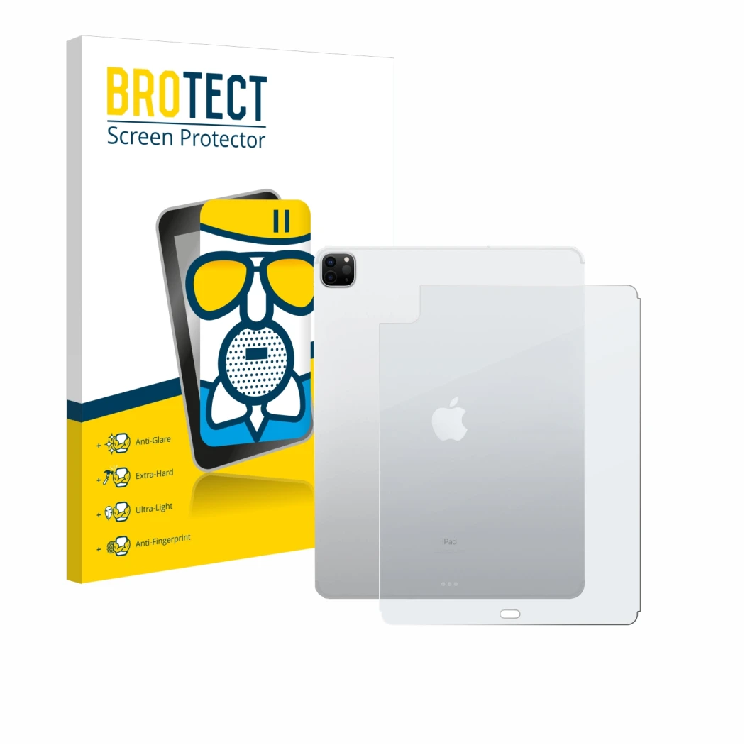 Front side of a product packaging with the brand logo BROTECT. Next to it is the device Apple iPad Pro 12.9