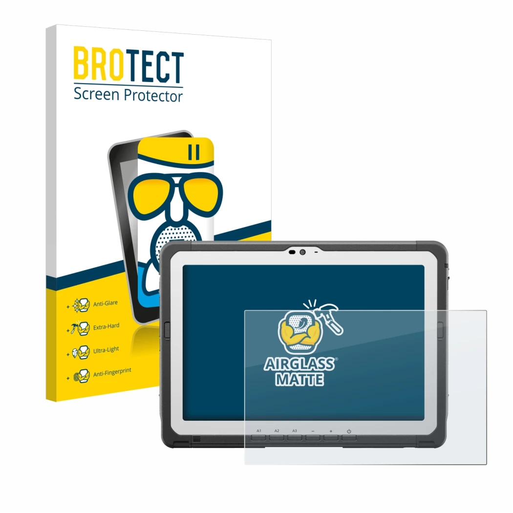 Front side of a product packaging with the brand logo BROTECT. Next to it is the device Panasonic Toughbook FZ-A3 shown with t