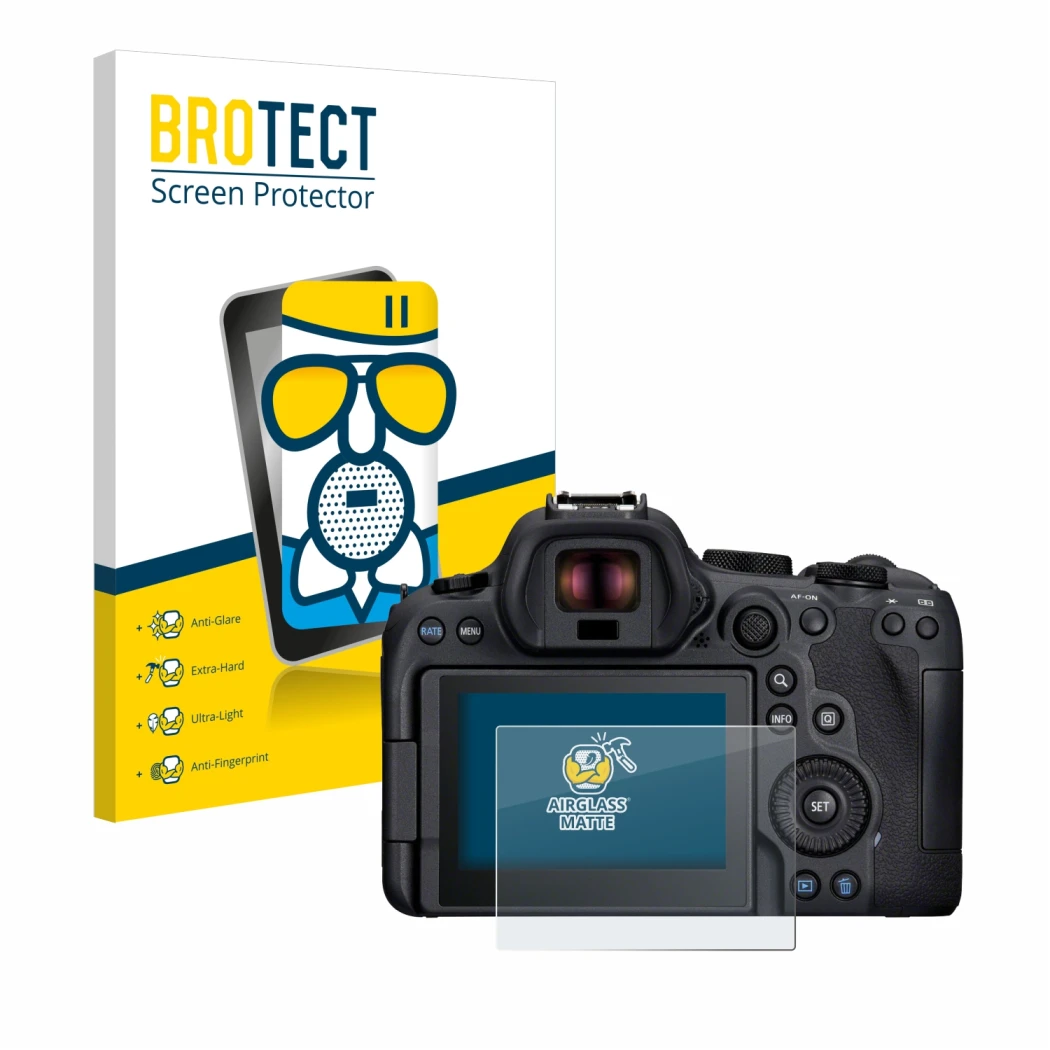 Front side of a product packaging with the brand logo BROTECT. Next to it is the device Canon EOS R6 Mark II shown with the co