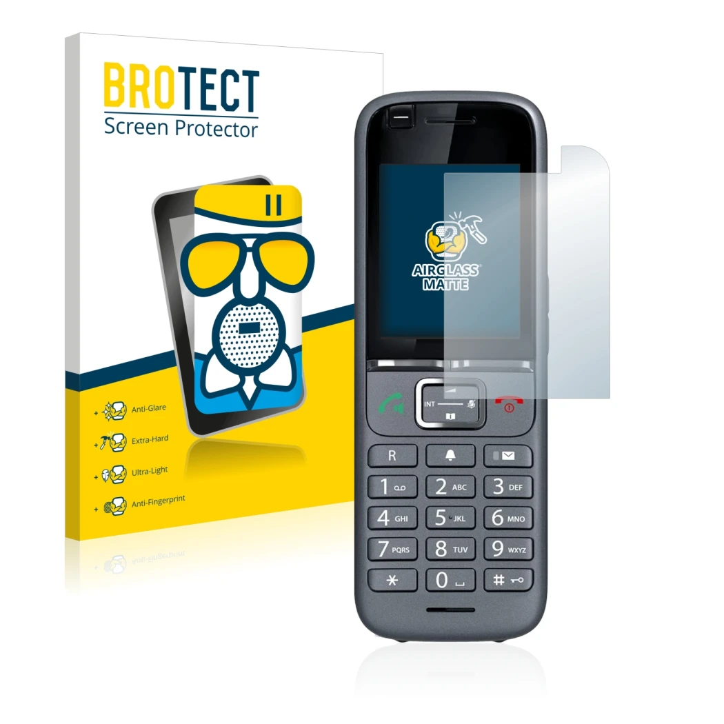 Front side of a product packaging with the brand logo BROTECT. Next to it is the device Gigaset S700H PRO shown with the corre