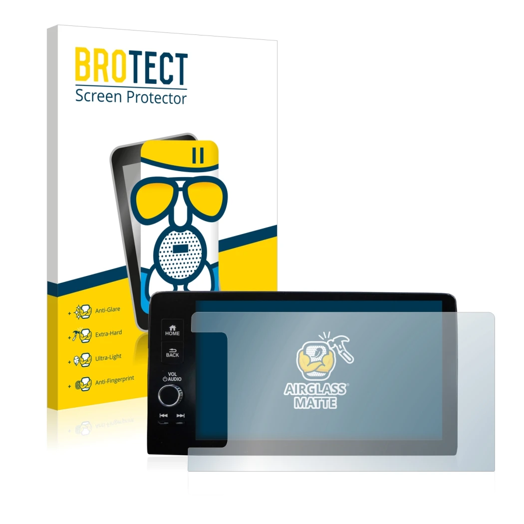 Front side of a product packaging with the brand logo BROTECT. Next to it is the device Honda HR-V 2022 Navigationssystem righ