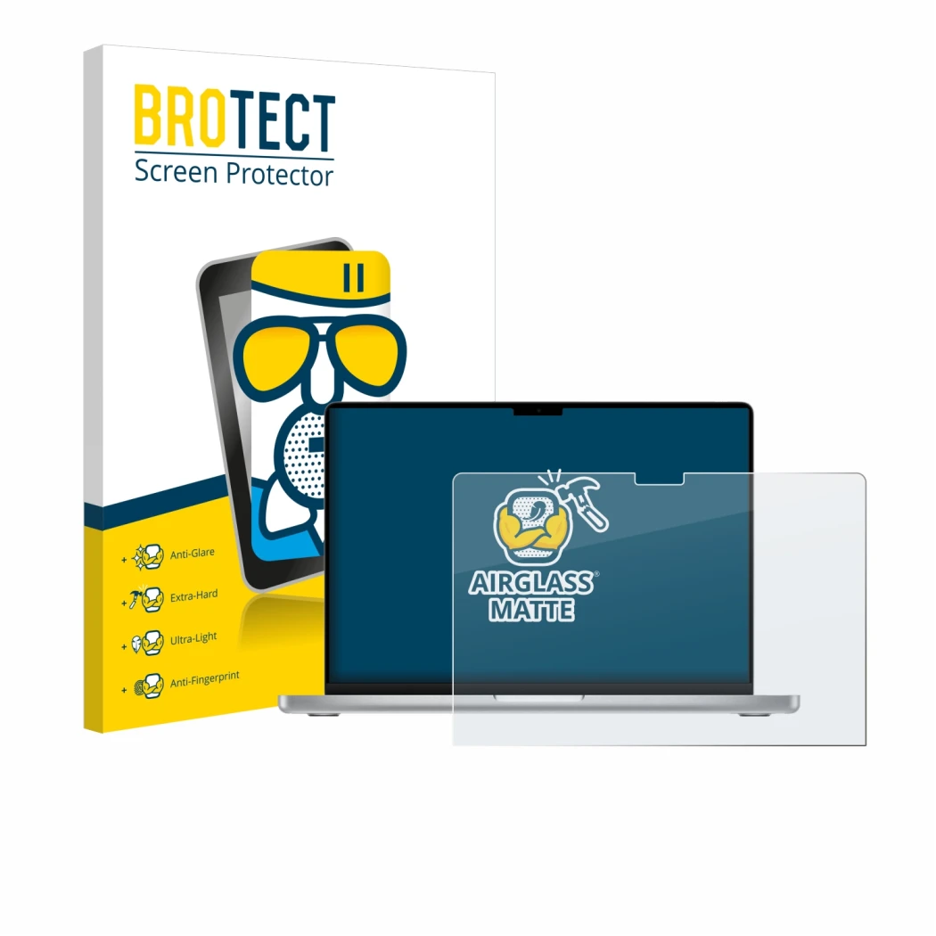 Front side of a product packaging with the brand logo BROTECT. Next to it is the device Apple MacBook Pro 14