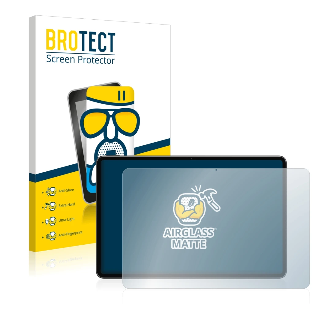 Front side of a product packaging with the brand logo BROTECT. Next to it is the device Huawei MateBook E 2022 shown with the 