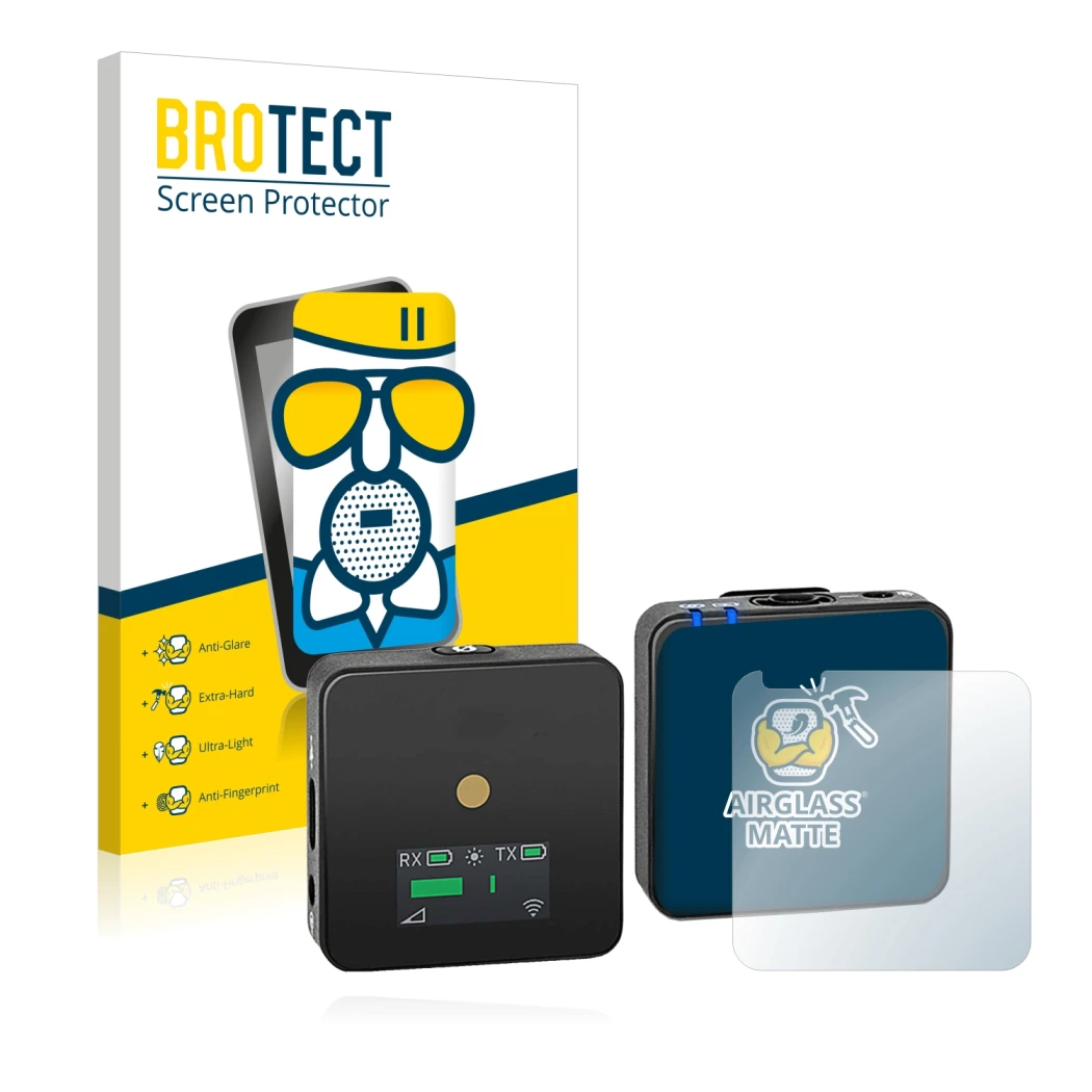 Front side of a product packaging with the brand logo BROTECT. Next to it is the device Rode Wireless GO II shown with the cor