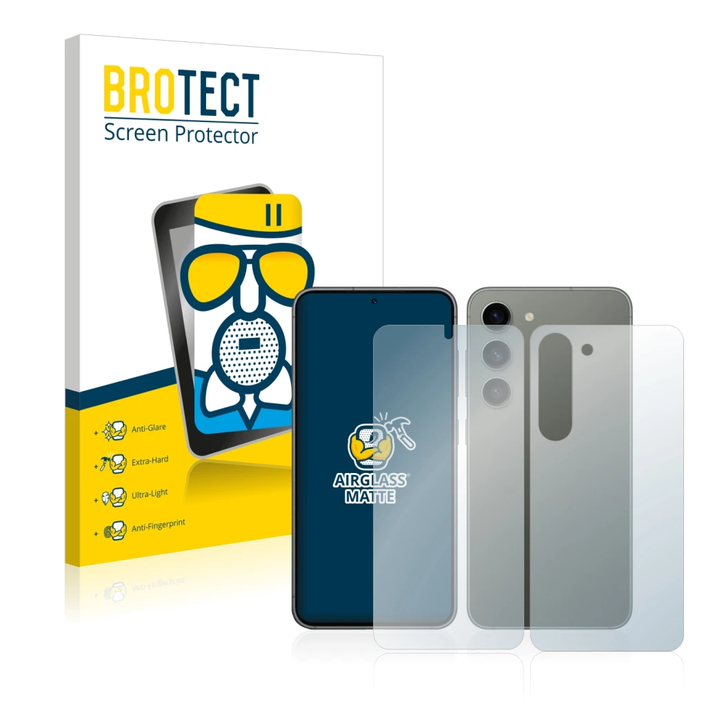 Front side of a product packaging with the brand logo BROTECT. Next to it is the device Samsung Galaxy S23 (Front+Back) shown 