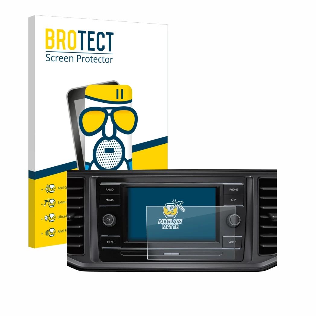Front side of a product packaging with the brand logo BROTECT. Next to it is the device Volkswagen Crafter Composition Colour