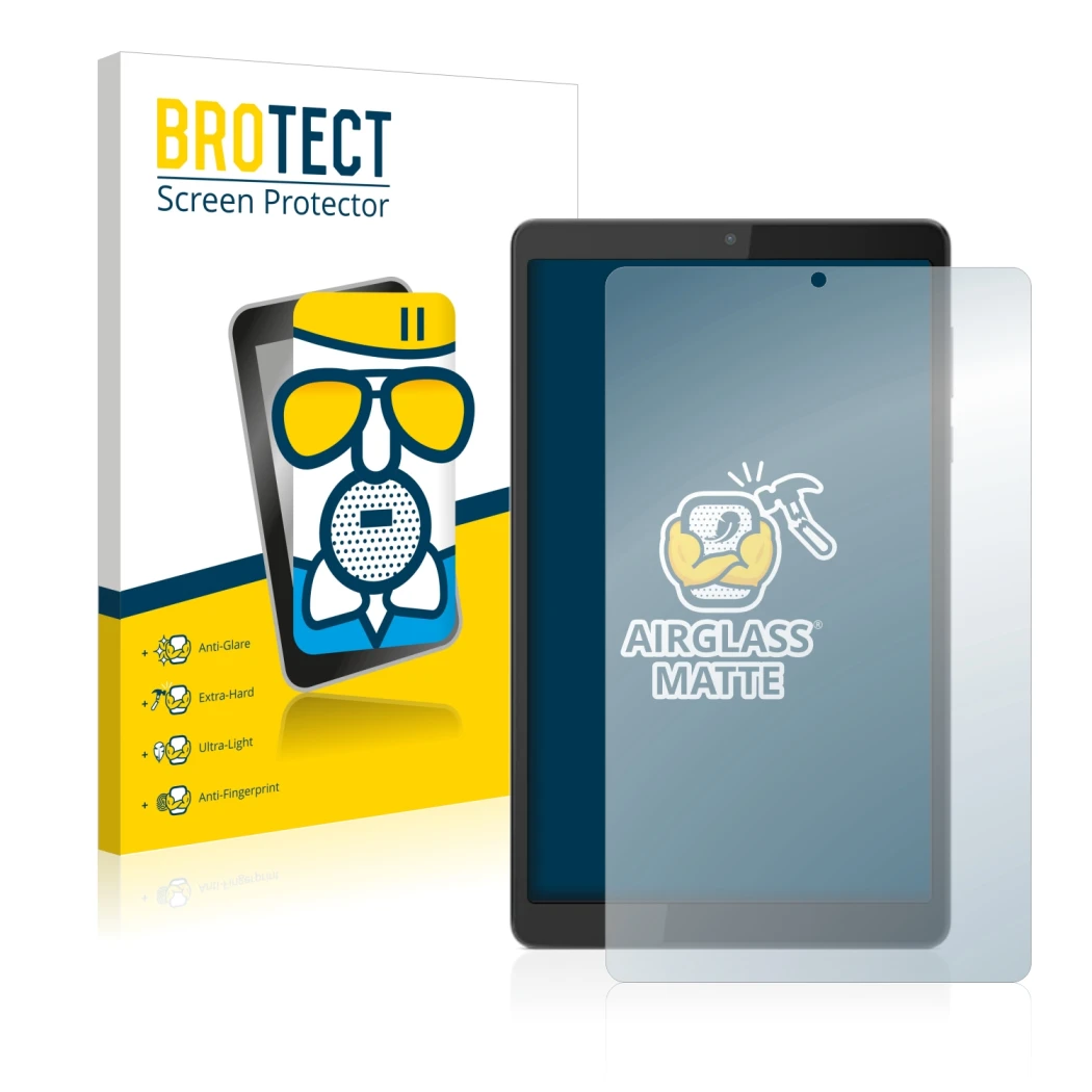 Front side of a product packaging with the brand logo BROTECT. Next to it is the device Lenovo Tab M8 (4th Gen.) shown with th