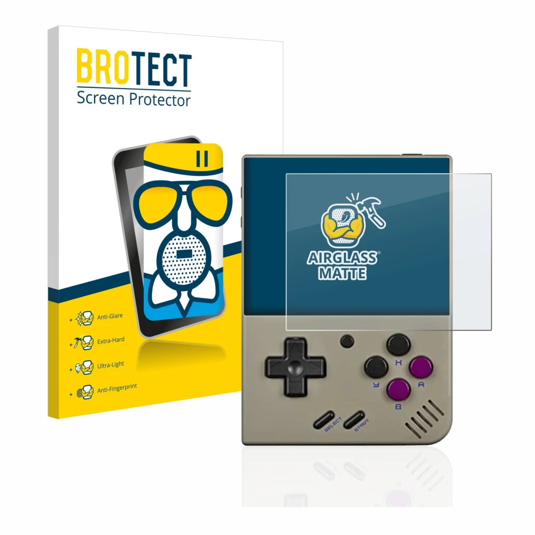 Front side of a product packaging with the brand logo BROTECT. Next to it is the device Miyoo Mini Plus shown with the corresp