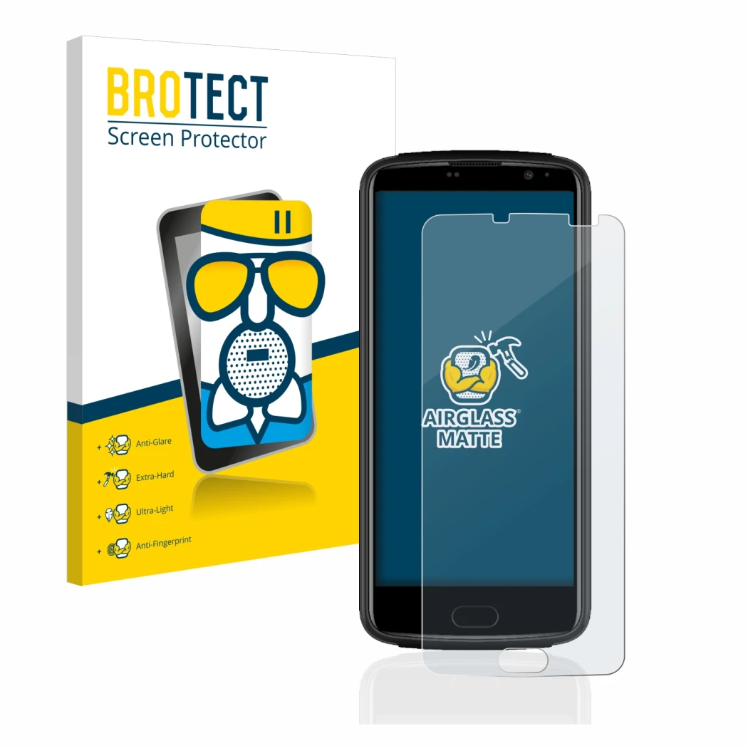Front side of a product packaging with the brand logo BROTECT. Next to it is the device Beafon M7 Lite premium shown with the