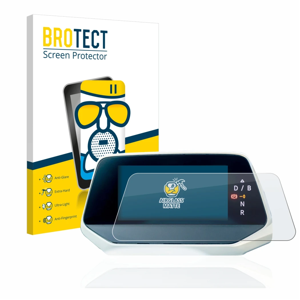 Front side of a product packaging with the brand logo BROTECT. Next to it is the device Volkswagen ID.5 Digitalcockpit shown w