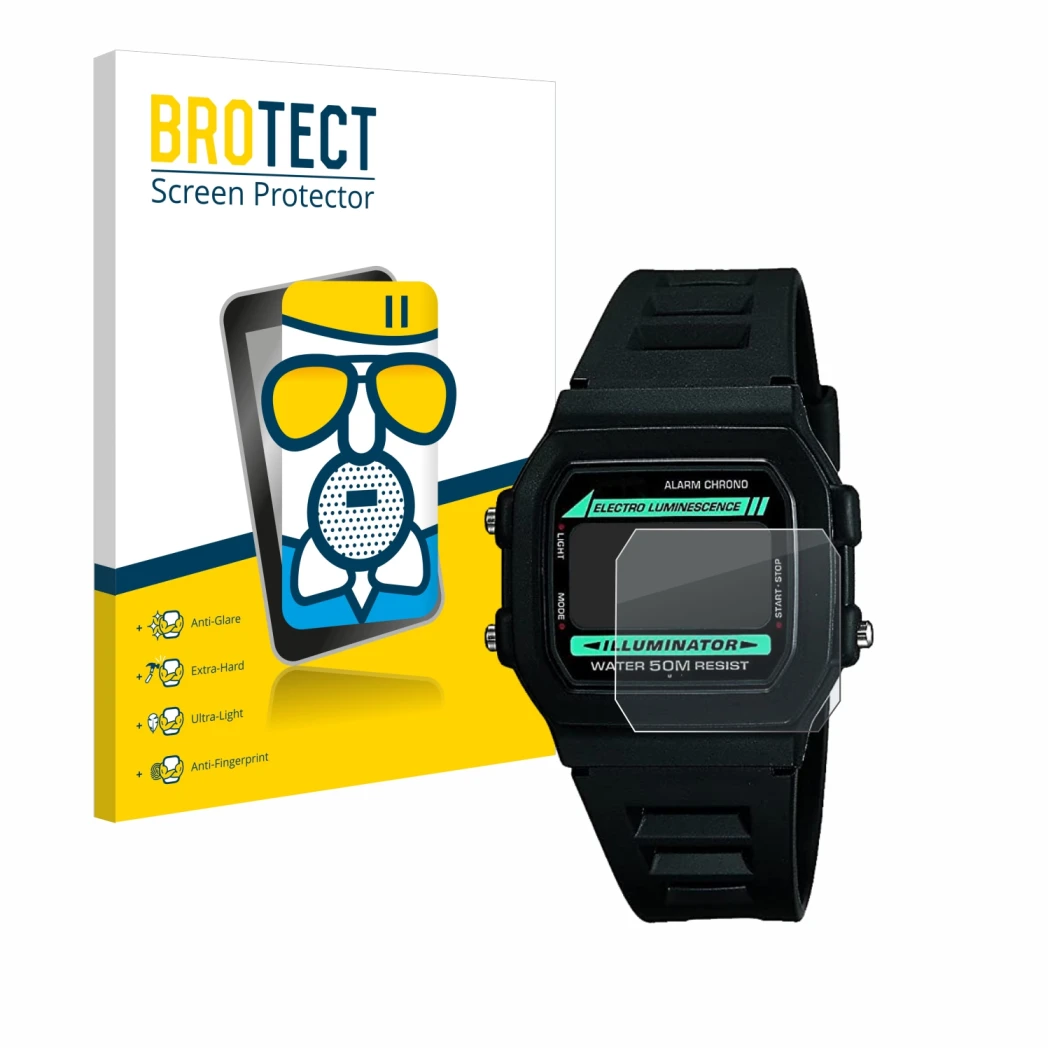 Front side of a product packaging with the brand logo BROTECT. Next to it is the device Casio W-86-1VQES shown with the corres