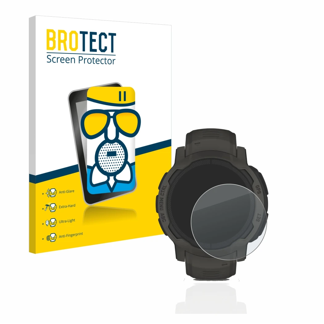 Front side of a product packaging with the brand logo BROTECT. Next to it is the device Garmin Instinct 2 Solar shown with the