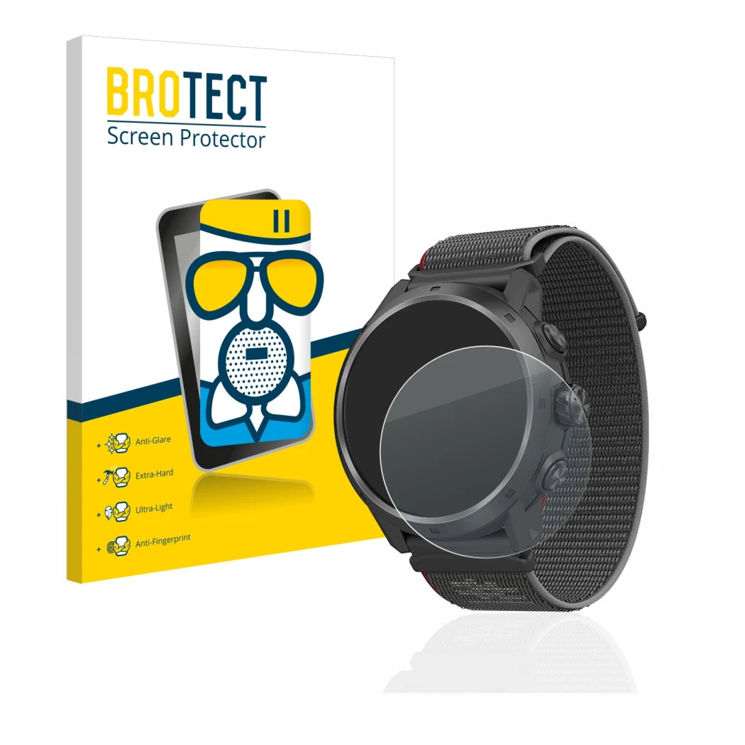 Front side of a product packaging with the brand logo BROTECT. Next to it is the device Coros Apex 2 Pro shown with the corres