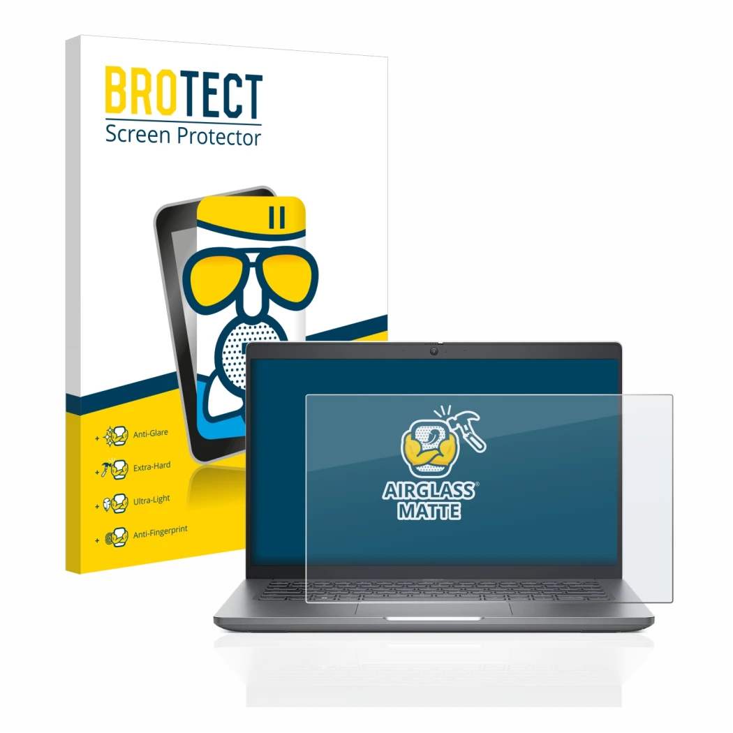 Front side of a product packaging with the brand logo BROTECT. Next to it is the device Dell Latitude 5440 shown with the corr