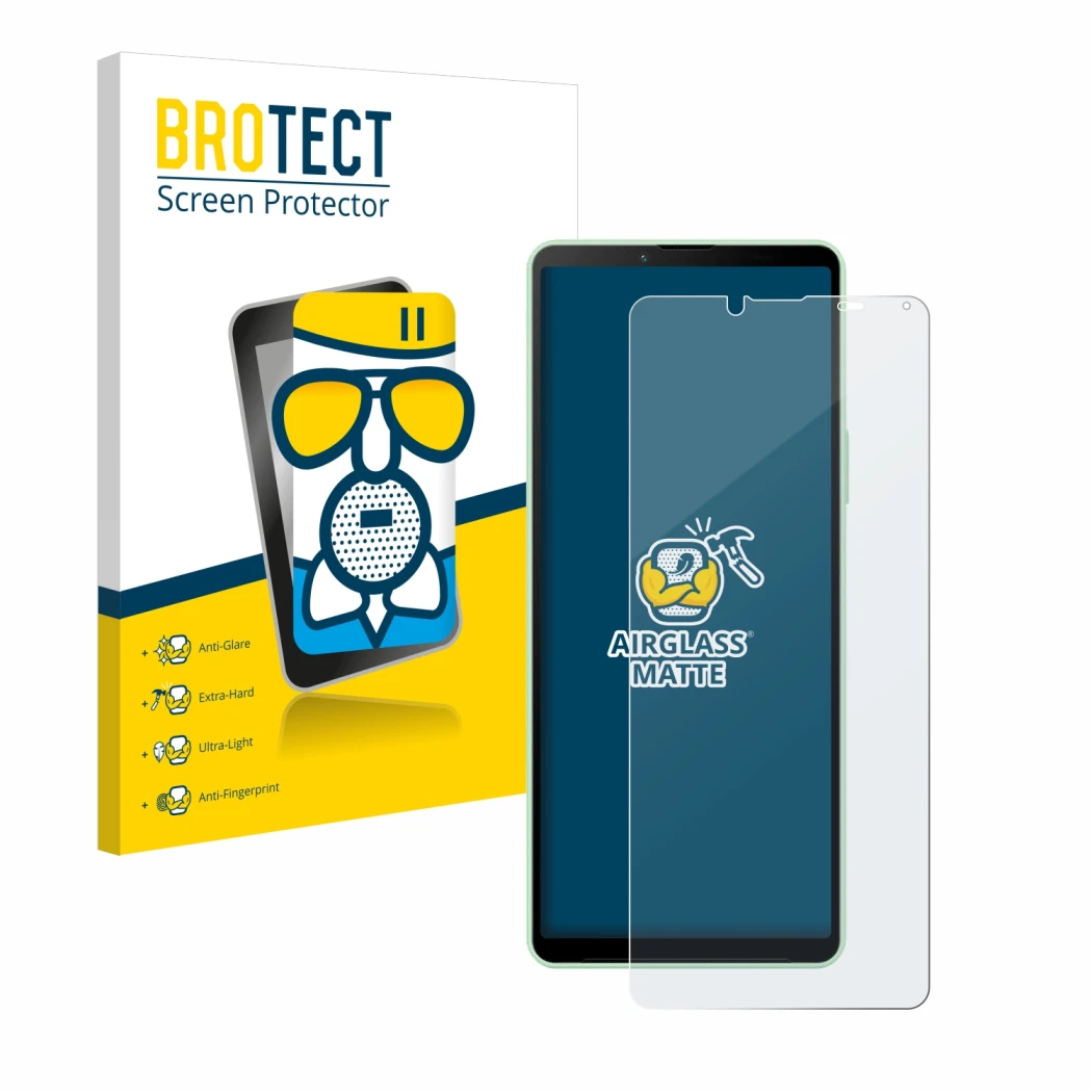 Front side of a product packaging with the brand logo BROTECT. Next to it is the device Sony Xperia 10 V shown with the corres