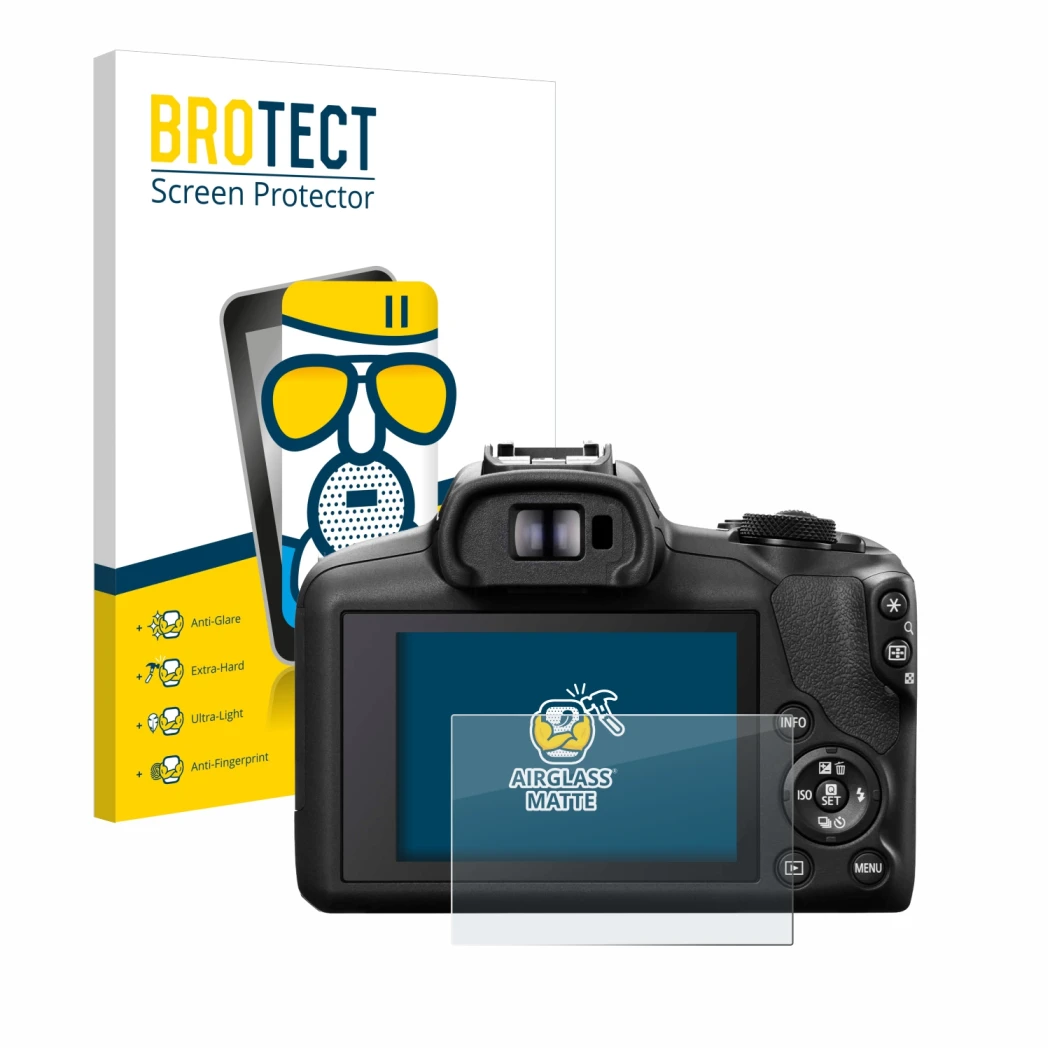 Front side of a product packaging with the brand logo BROTECT. Next to it is the device Canon EOS R100 shown with the correspo